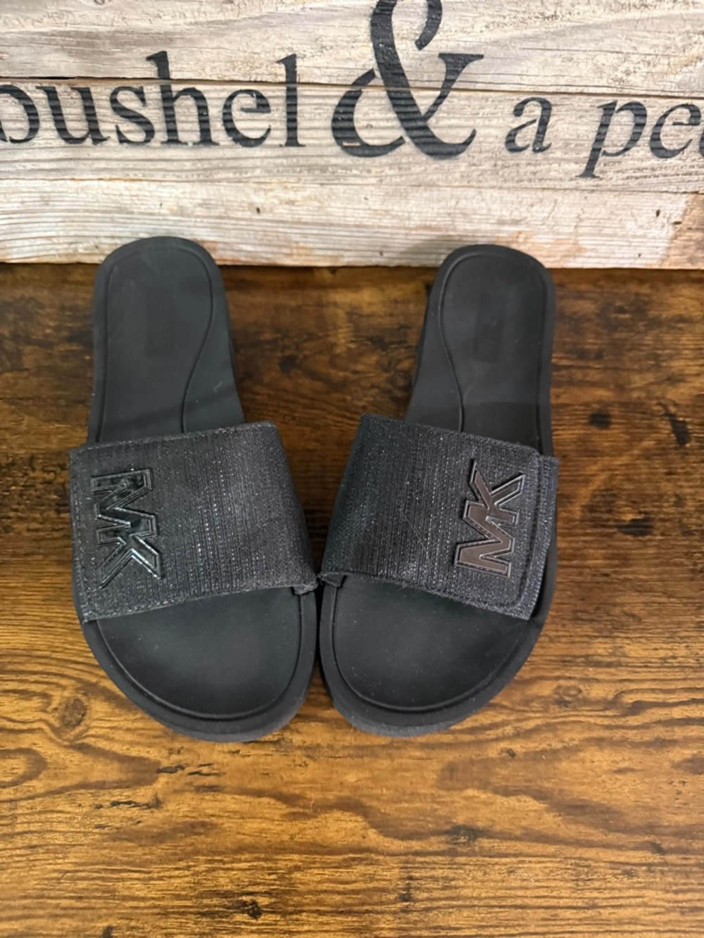 Michael Kors sparkly Black Women’s MK Slide Sandals